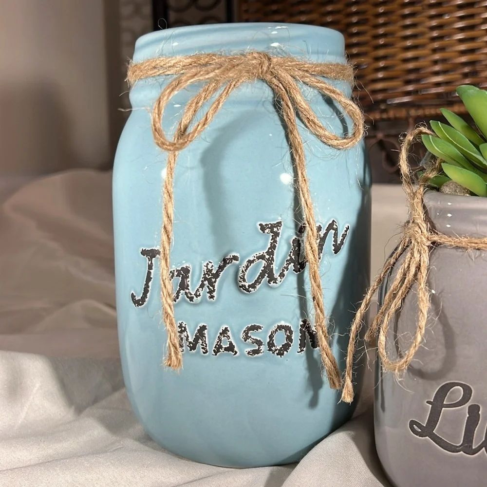 Decorative mason Jars Large Blue &‎ Small gray with faux succulent Glass